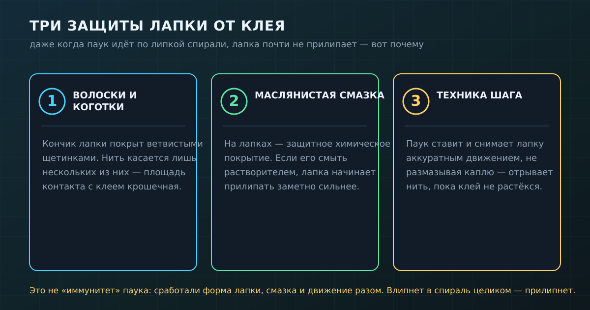 Три защиты лапки от клея: ветвистые волоски, маслянистая смазка и аккуратная техника шага.