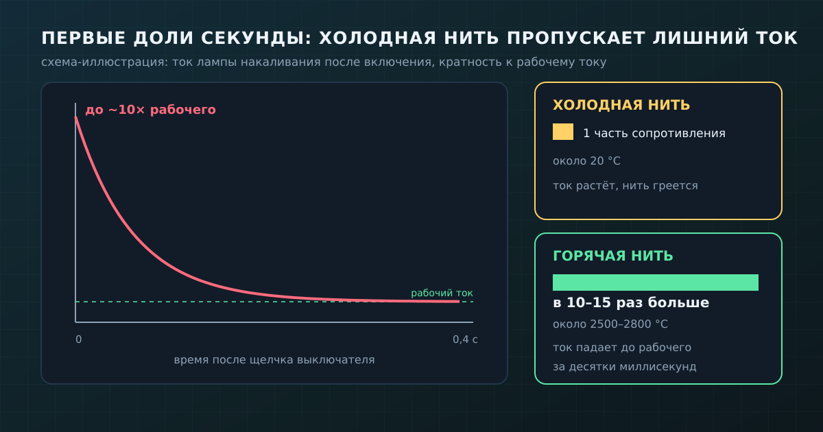 Бросок тока при включении лампы накаливания: схема-иллюстрация, кратность к рабочему току