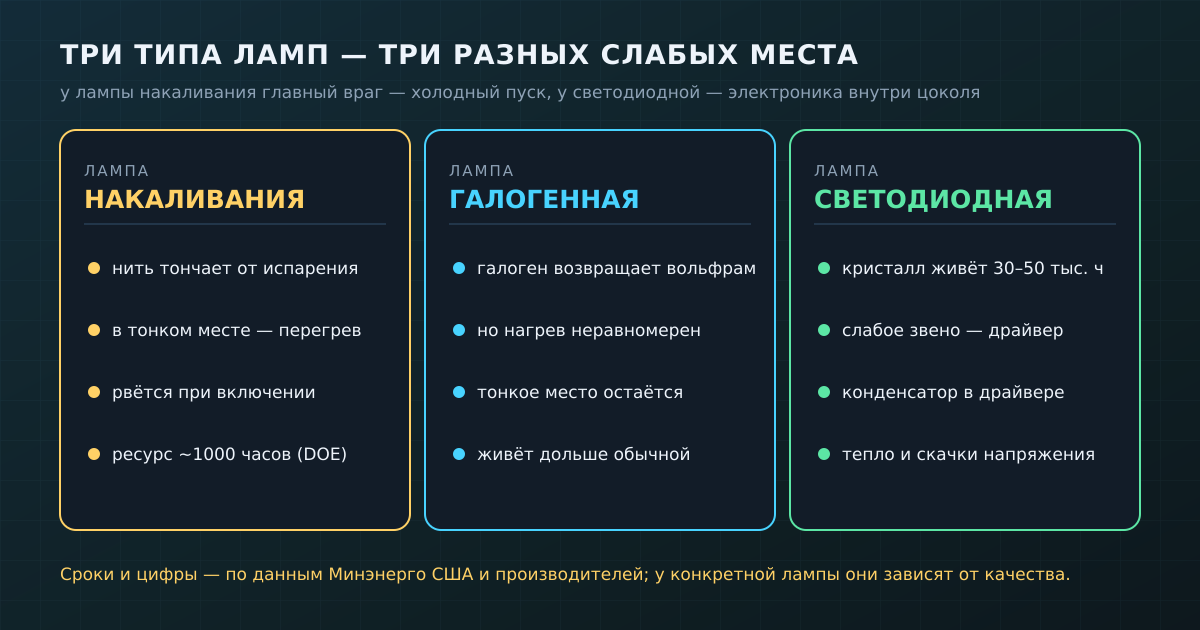 Три типа ламп и их главные слабые места
