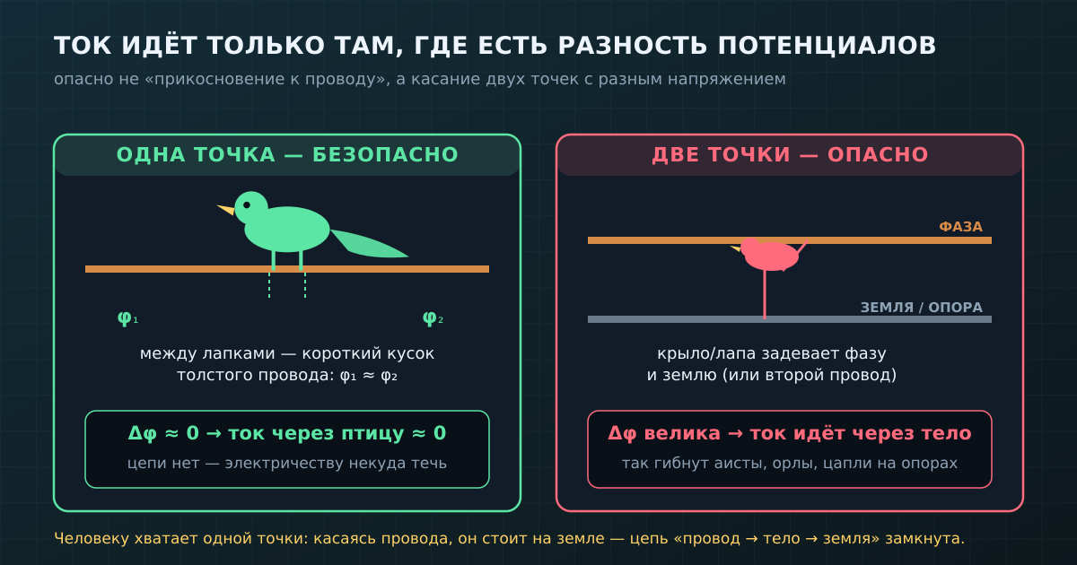 Слева — обе лапки на одном проводе: разности потенциалов между ними почти нет, тока через птицу нет. Справа — касание двух точек с разным потенциалом замыкает цепь, и ток идёт через тело.