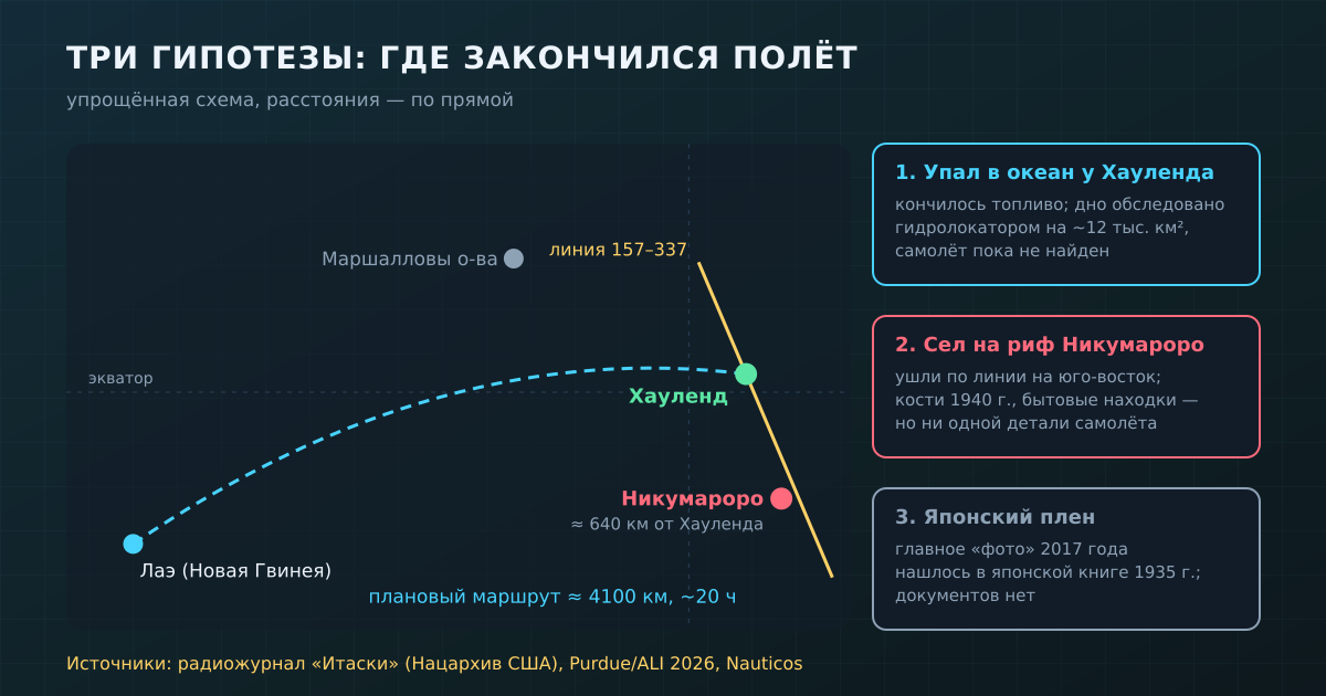 Три главные гипотезы о конце полёта: падение в океан у Хауленда, посадка на риф Никумароро и японский плен