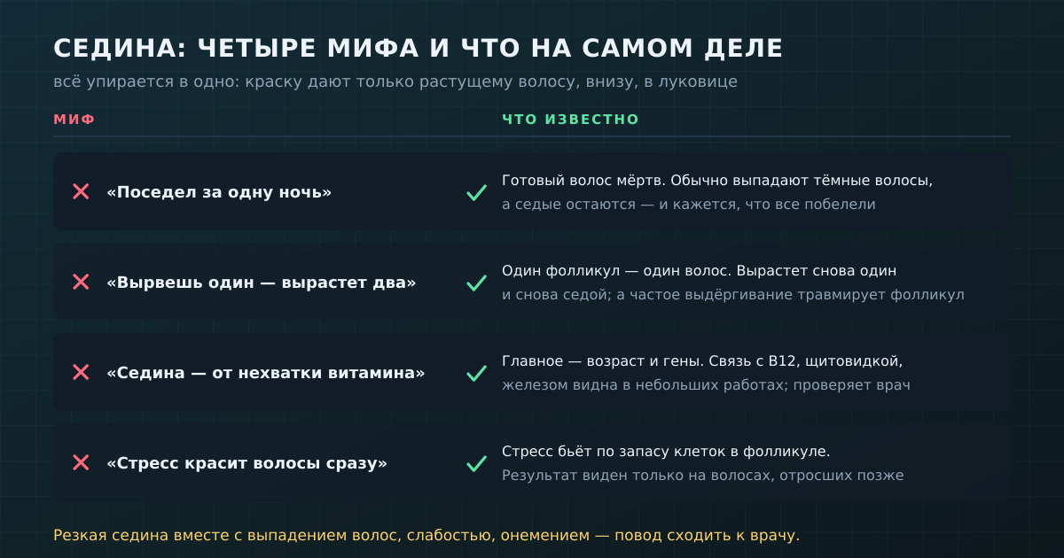 Четыре мифа о седине и что о них известно: одна ночь, «вырастет два», витамины и стресс