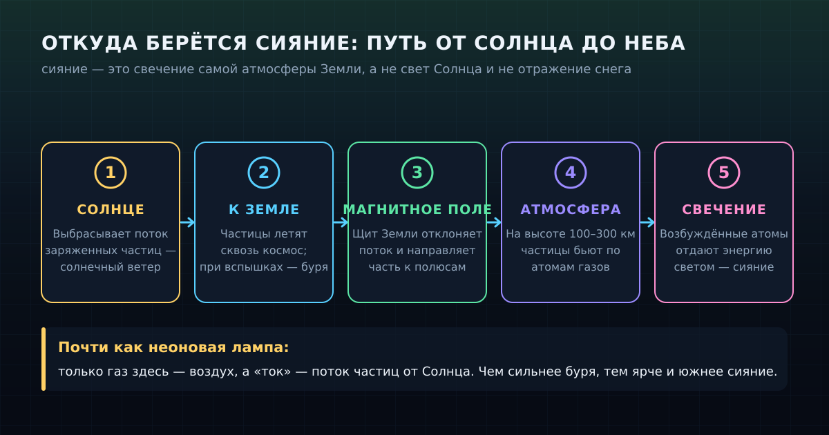 Путь энергии: Солнце выбрасывает заряженные частицы, магнитное поле Земли направляет часть из них к полюсам, а в верхних слоях атмосферы они зажигают свечение газов.