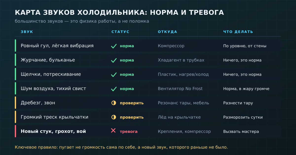 Карта звуков холодильника: что относится к норме, а что — повод насторожиться.