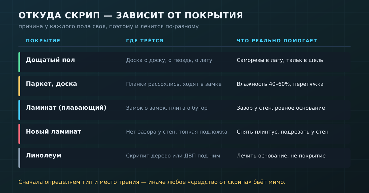 Откуда скрип и что помогает — коротко по типам покрытия