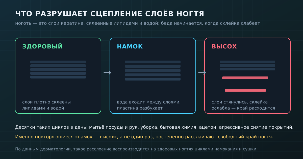 Механизм расслоения: ноготь — слои кератина на липидной «склейке»; циклы «намок — высох» ослабляют сцепление, и край расходится.
