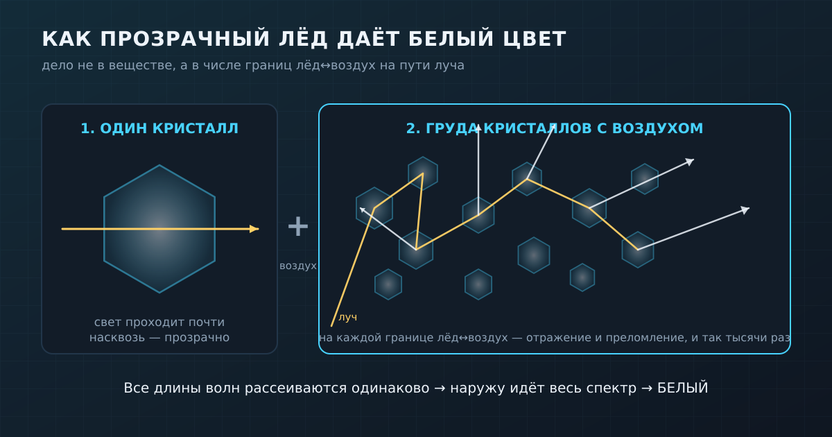 Один кристалл свет почти пропускает. Груда кристаллов с воздухом разворачивает луч тысячи раз и выбрасывает весь спектр во все стороны — это и есть белый.