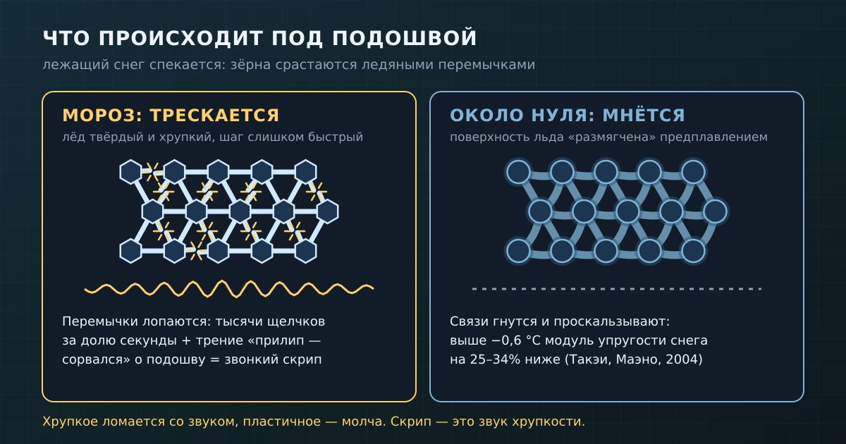 Что происходит под подошвой: в мороз перемычки между зёрнами лопаются, у нуля — мнутся