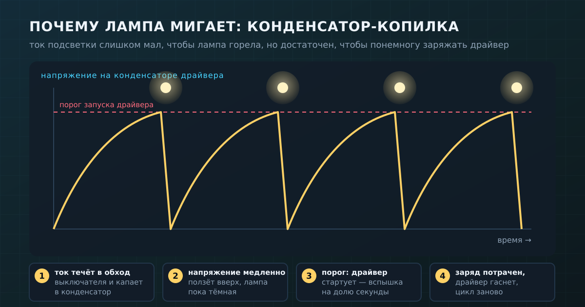 Мигание после выключения — это цикл «накопил — вспыхнул — разрядился» во входном конденсаторе драйвера