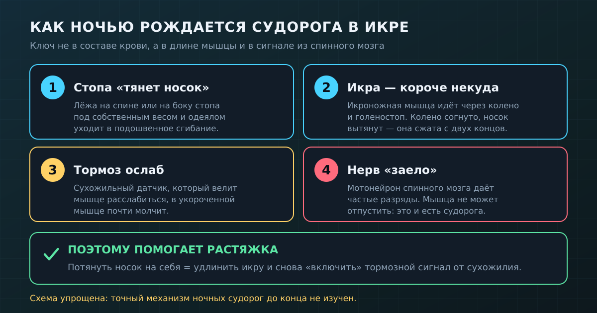 Цепочка ночной судороги: вытянутая стопа, укороченная икра, ослабший тормозной сигнал и «заевший» нейрон