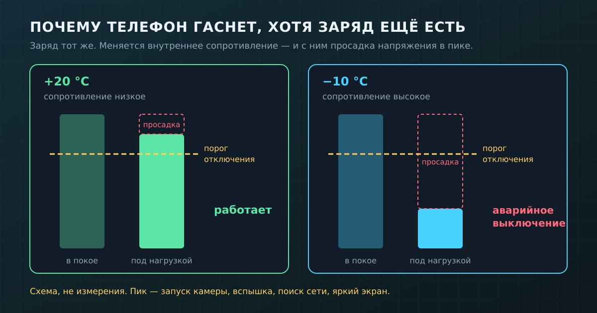Заряд один и тот же. На морозе растёт внутреннее сопротивление, и под пиковой нагрузкой напряжение проваливается ниже порога отключения.