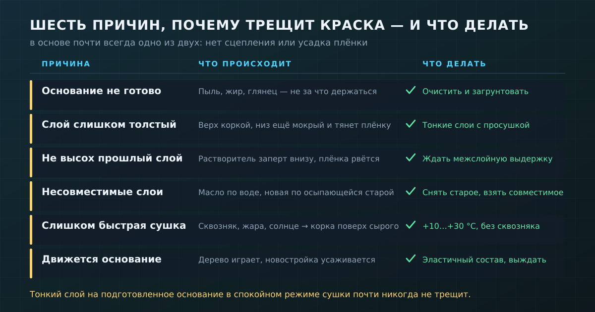 Шесть причин, почему трещит краска, и что с каждой делать. В основе почти всегда одно из двух: нет сцепления или усадка плёнки.