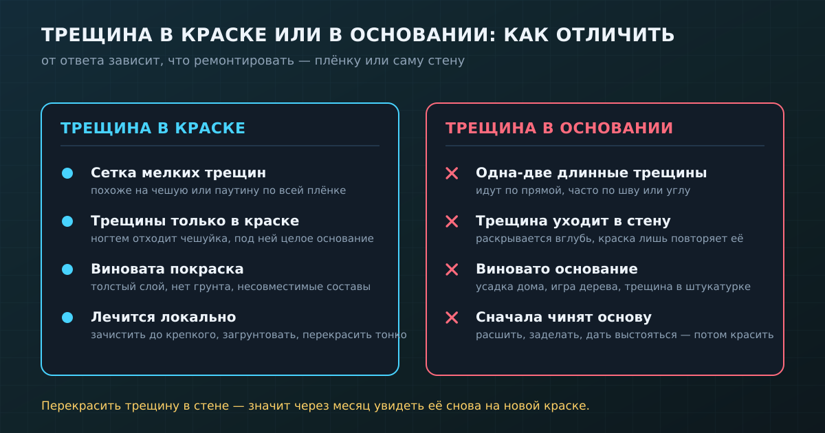 Трещина в краске или в основании — как отличить и что из-за этого ремонтировать: плёнку или саму стену.