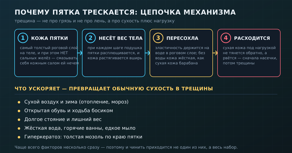 Цепочка механизма: толстый роговой слой без сальных желёз несёт вес тела, при сухости теряет эластичность и под нагрузкой расходится. Ниже — факторы, которые ускоряют процесс.