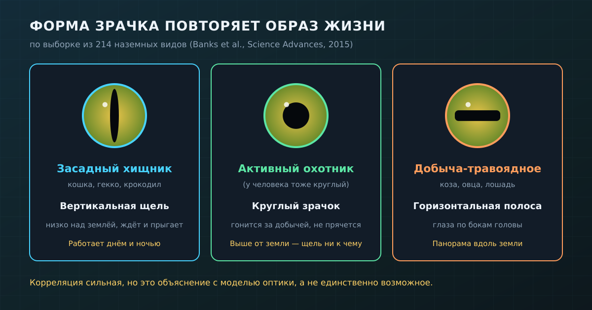 Три ниши и три формы зрачка: засадный хищник, активный охотник и добыча