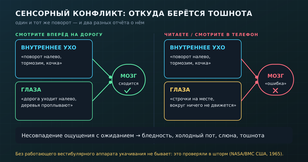Когда вы смотрите на дорогу, ухо и глаза рассказывают одну историю. Когда в телефон — разные, и мозг отвечает тошнотой