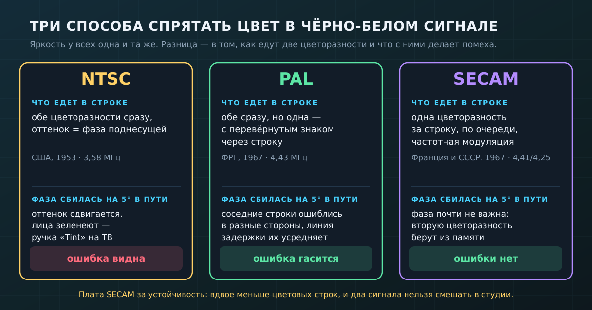 Три способа спрятать цвет в чёрно-белом сигнале и что каждый делает с ошибкой фазы в пути