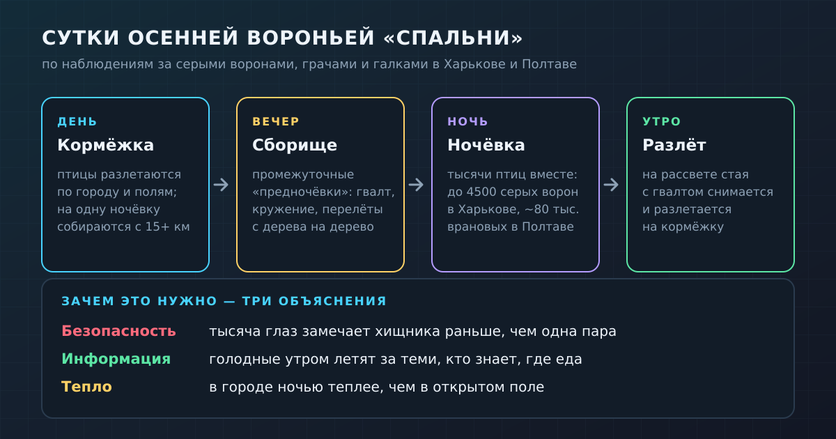 Сутки вороньей «спальни»: днём кормёжка поодиночке, вечером сборы, ночью общая ночёвка, утром шумный разлёт
