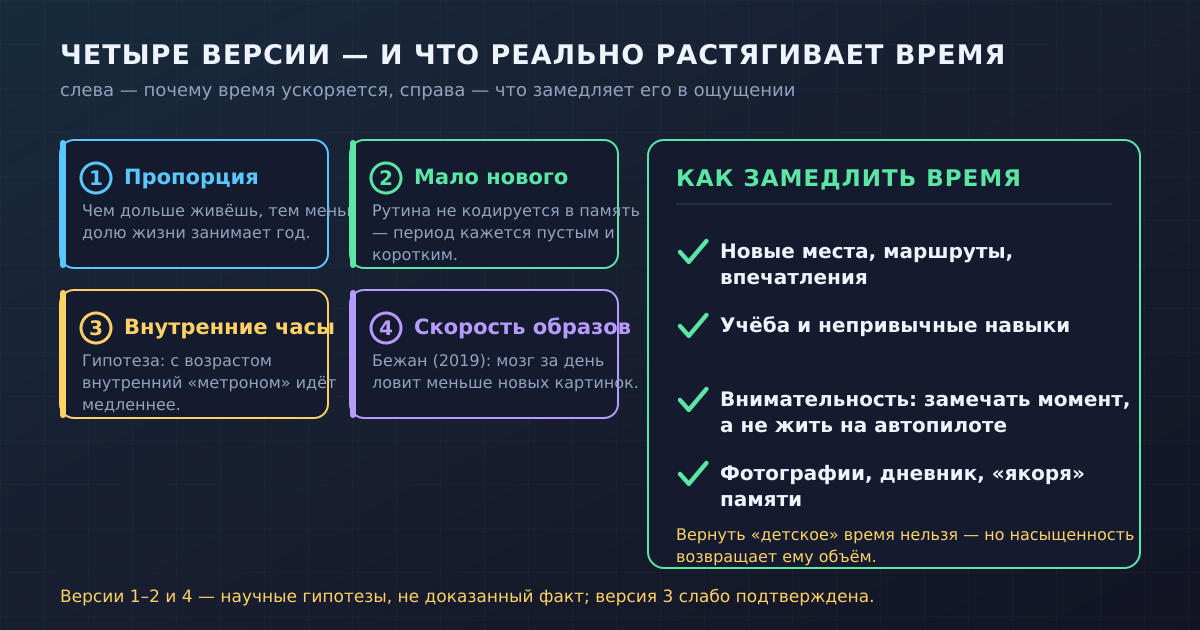 Четыре версии, почему время ускоряется, и то, что реально возвращает дням объём. Версии 1, 2 и 4 — научные гипотезы, а не доказанный факт; версия про внутренние часы подтверждена слабо.