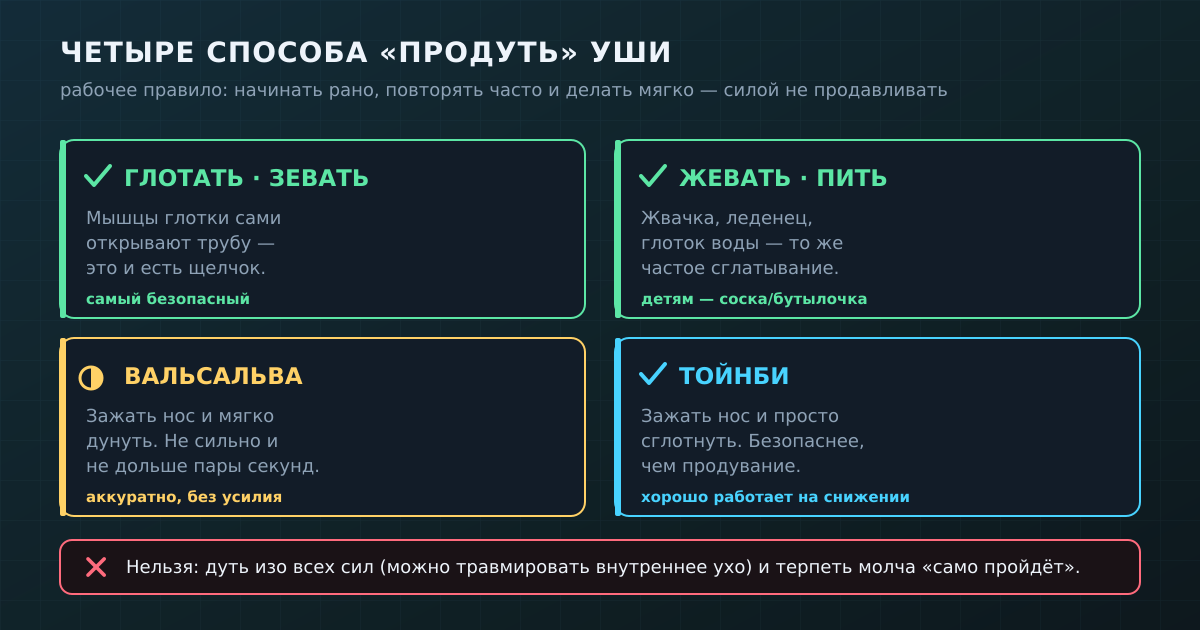 Четыре рабочих приёма: глотание и жевание — самые безопасные; Вальсальва — только мягко; Тойнби — безопасная альтернатива продуванию.