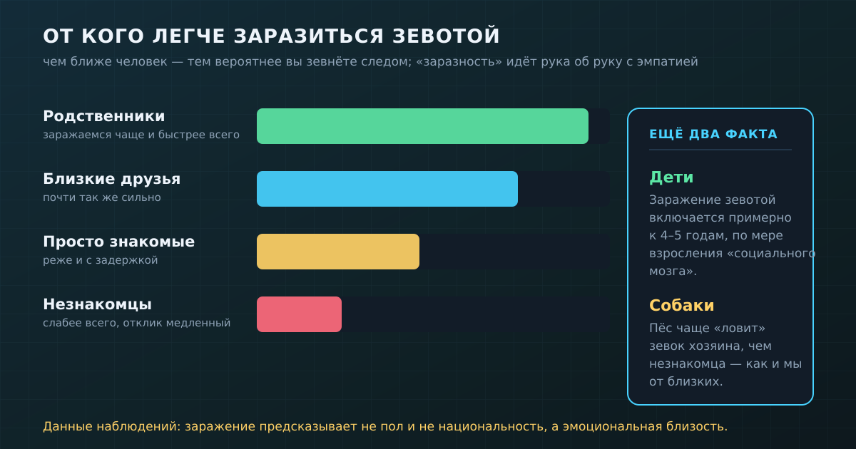 От кого легче заразиться зевотой: сильнее всего — от родственников и близких друзей, слабее — от знакомых и незнакомцев. Плюс два факта: у детей заражение включается к 4–5 годам, а собаки чаще «ловят» зевок хозяина. Источник: Norscia & Palagi, 2011.