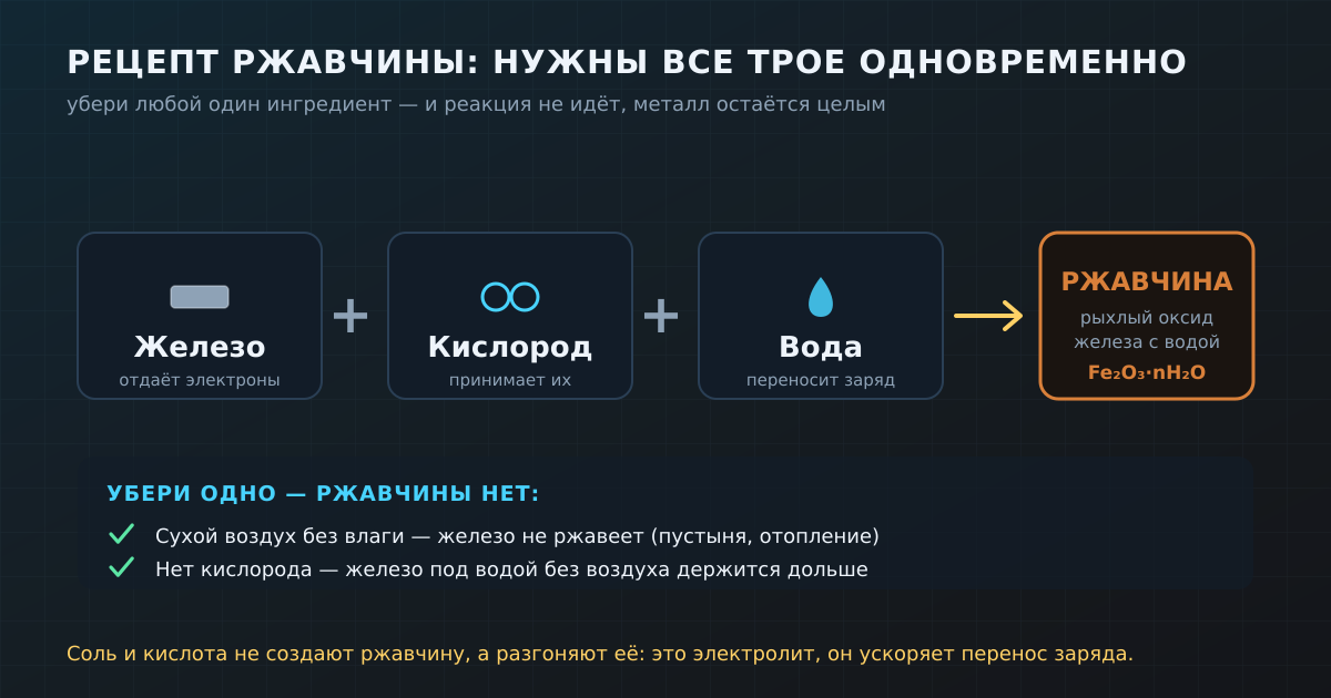 Рецепт ржавчины: нужны железо, кислород и вода одновременно. Убери любой ингредиент — реакция не идёт.
