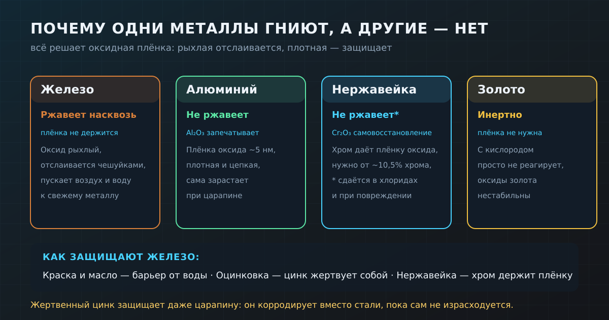 Железо ржавеет насквозь, алюминий и нержавейка защищены плотной плёнкой, золото инертно. Всё решает оксидный слой.