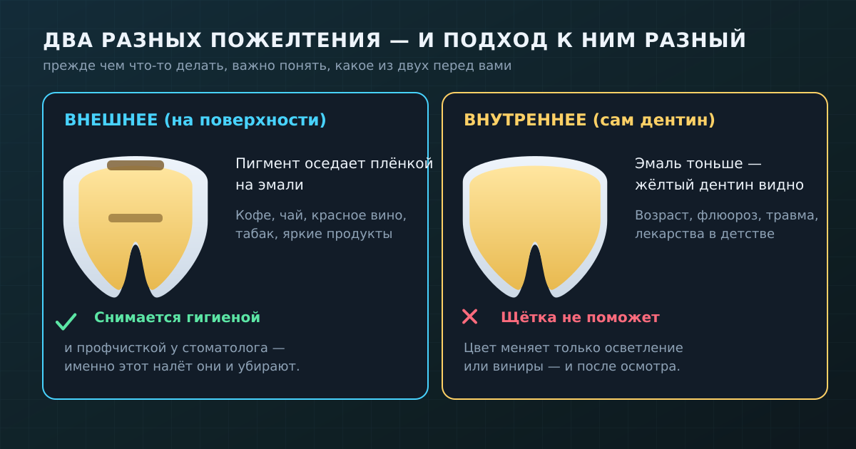 Два разных пожелтения: внешний налёт на эмали снимается чисткой, а цвет дентина под тонкой эмалью — нет