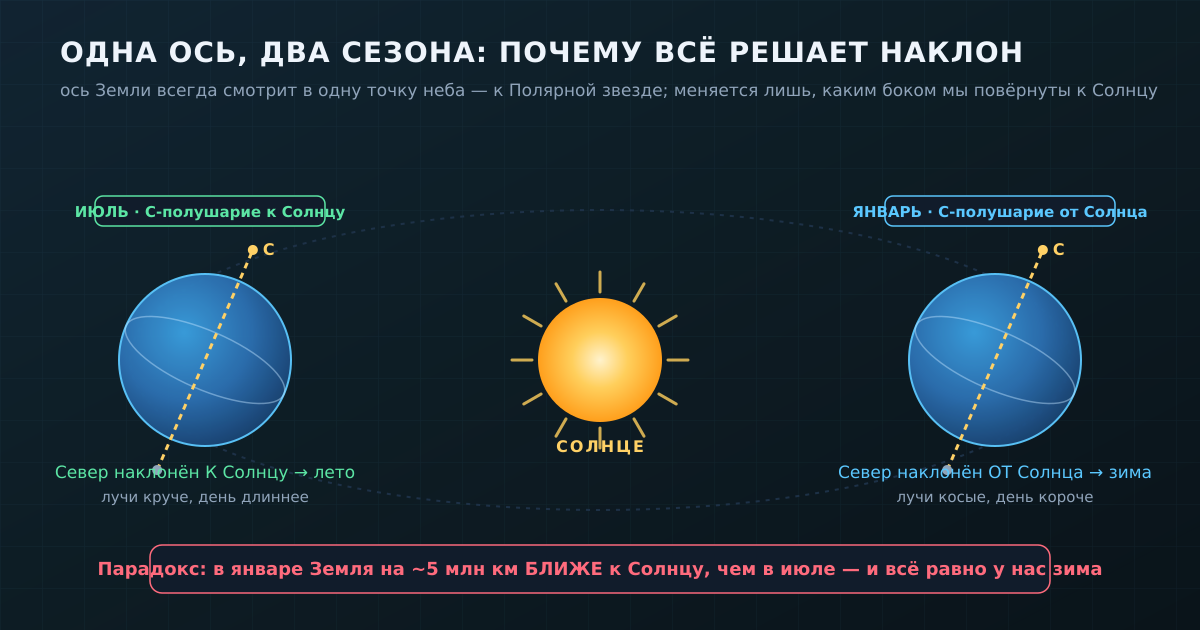 Ось Земли всегда смотрит в одну точку неба. В июле Северное полушарие наклонено к Солнцу (лето), в январе — от Солнца (зима), хотя в январе Земля даже ближе к светилу.