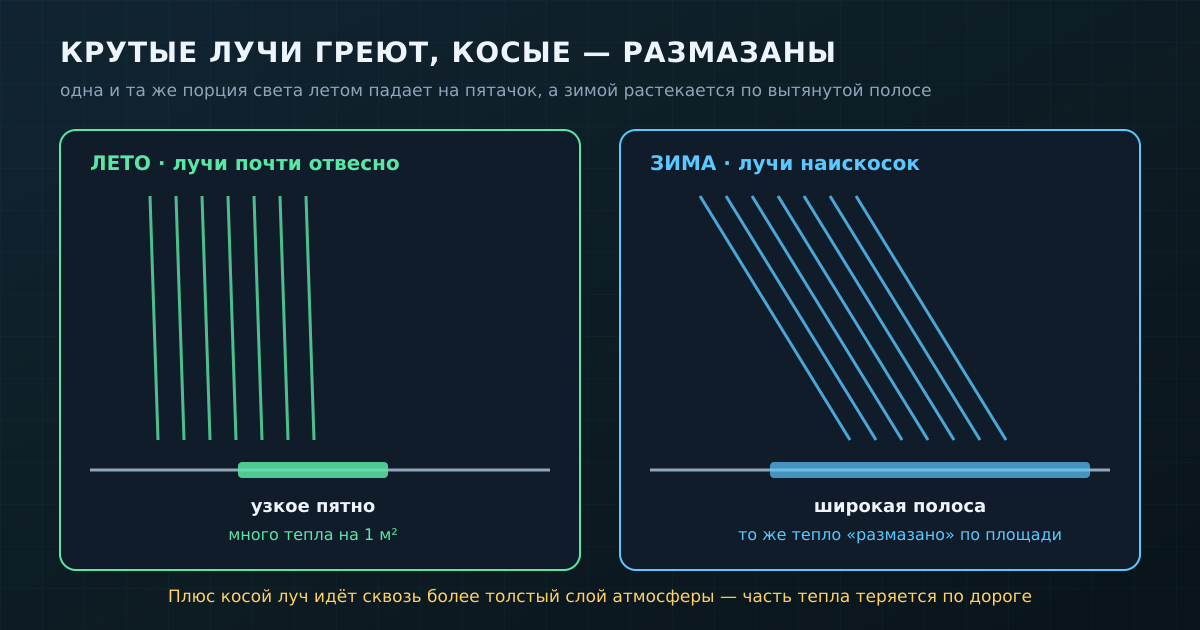 Одна и та же порция солнечного света летом падает на узкое пятно (много тепла на квадратный метр), а зимой растекается по вытянутой полосе — и греет куда слабее.