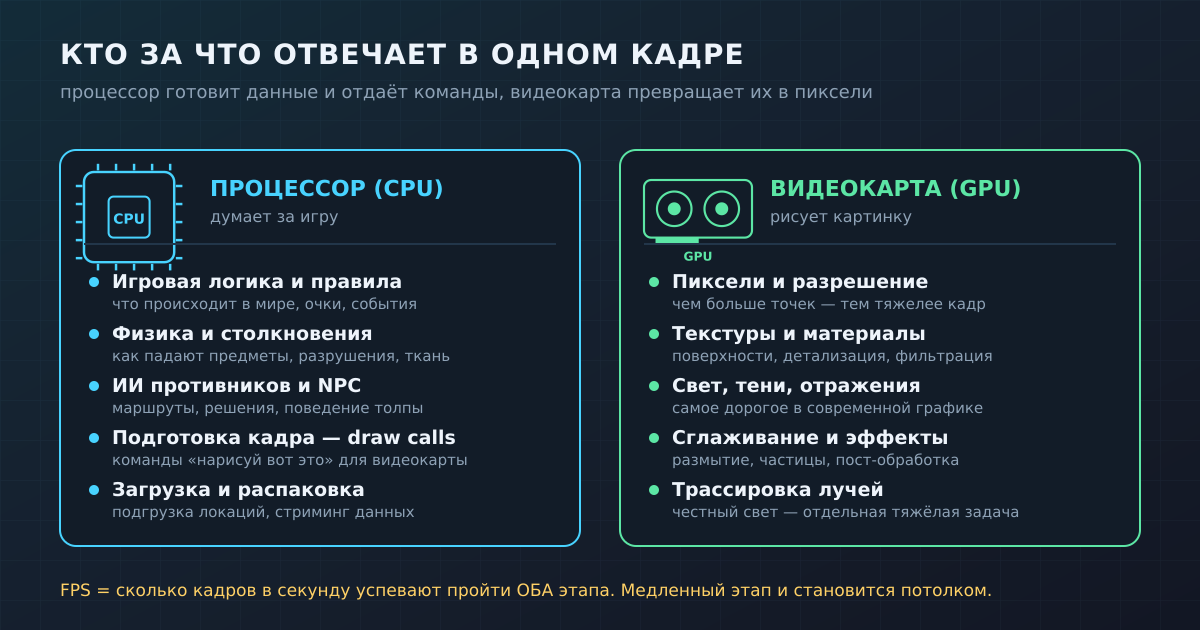 Процессор готовит данные и отдаёт команды, видеокарта превращает их в пиксели. FPS ограничивает тот этап, что медленнее.