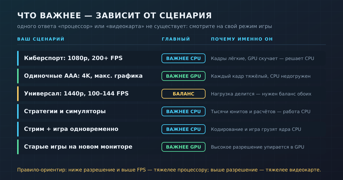 Что важнее — зависит от сценария. Ниже разрешение и выше FPS — тяжелее процессору; выше разрешение — тяжелее видеокарте.