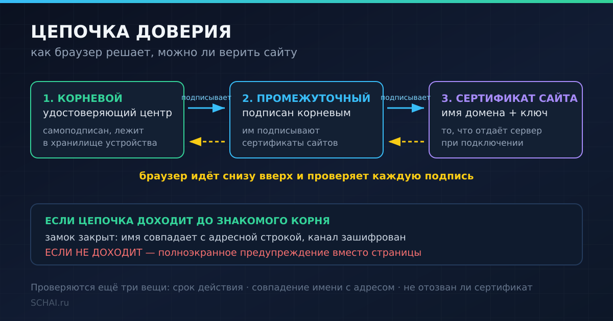 Цепочка доверия: браузер проверяет подписи снизу вверх, до знакомого корня