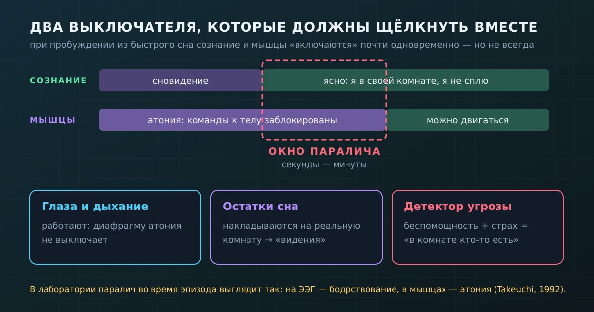Сонный паралич — это окно, в котором сознание уже проснулось, а атония быстрого сна ещё держит мышцы