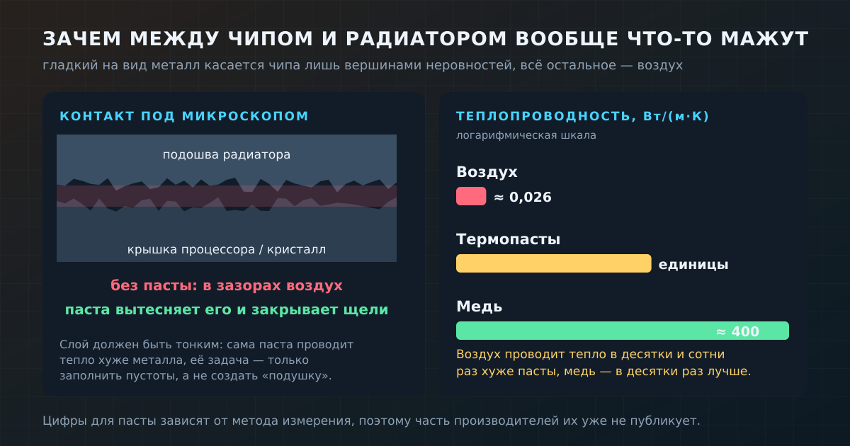 Паста не проводит тепло лучше металла — она вытесняет из щелей воздух, который проводит его в десятки и сотни раз хуже