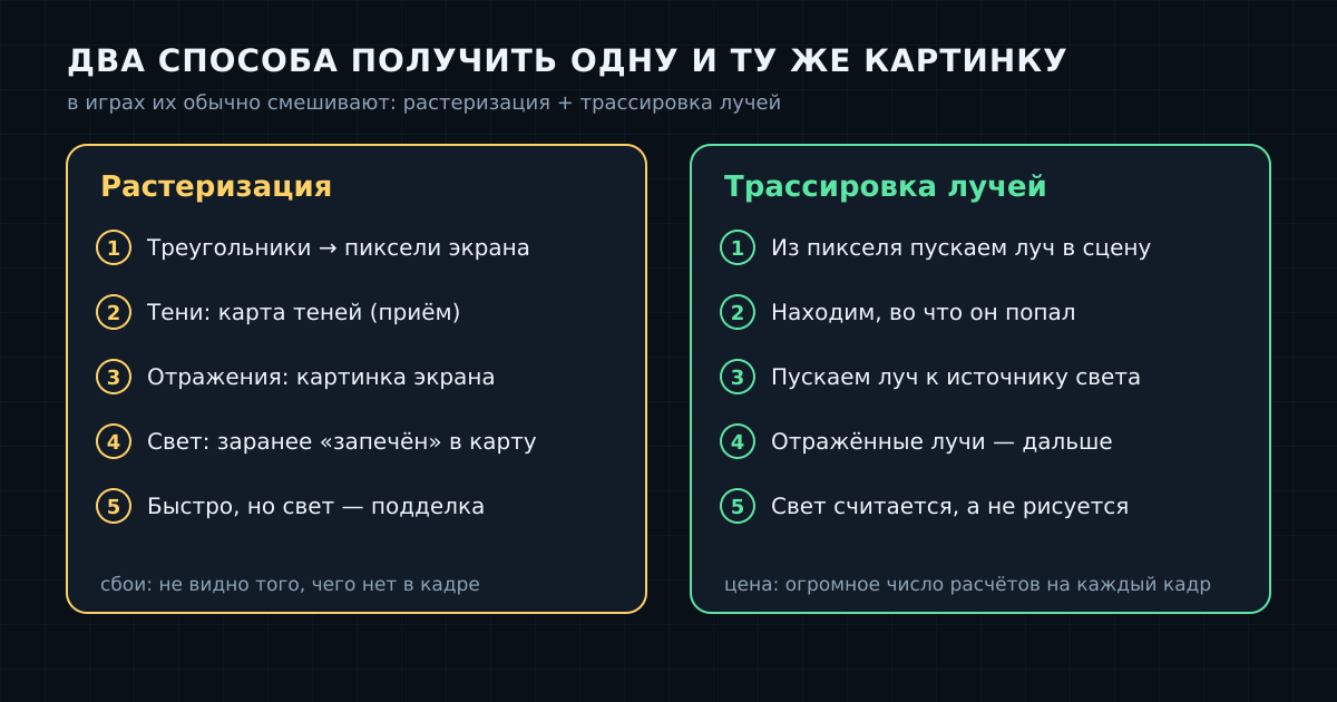 Растеризация имитирует свет набором приёмов, трассировка — считает путь лучей
