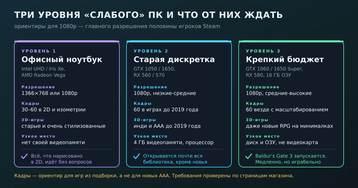 Три уровня «слабого» ПК: чего от каждого ждать по разрешению, кадрам и типу игр