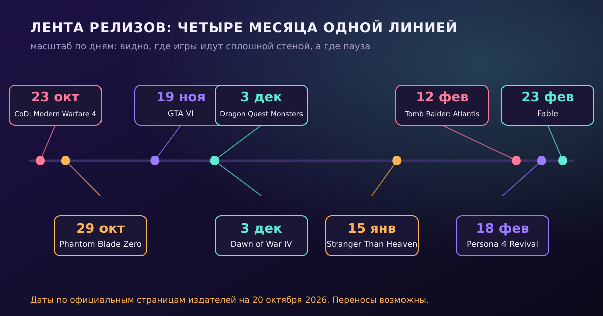 Релизы осени 2026 — зимы 2027 одной линией. Даты по официальным страницам издателей на 20 октября 2026.