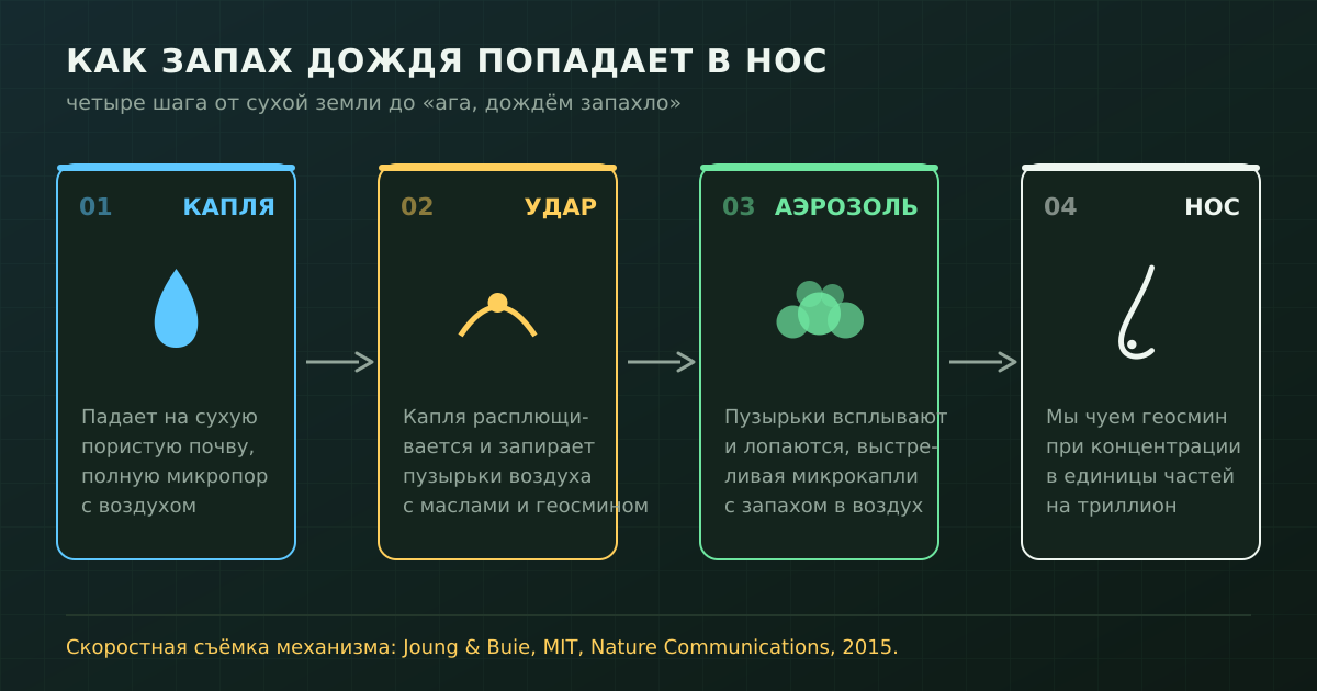 Путь запаха: капля бьёт по пористой почве, запирает пузырьки воздуха, они лопаются и выбрасывают аэрозоль с геосмином и маслами прямо нам в нос.