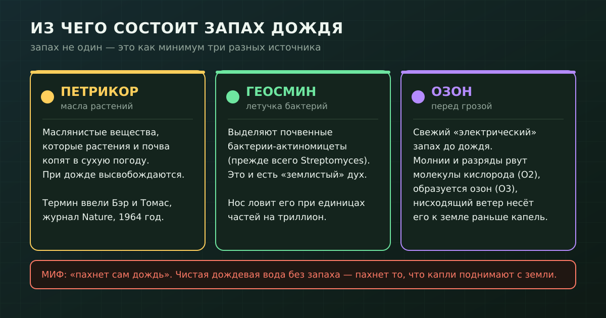 Запах дождя — не один аромат, а как минимум три источника: петрикор, геосмин и озон, и у каждого свой момент.