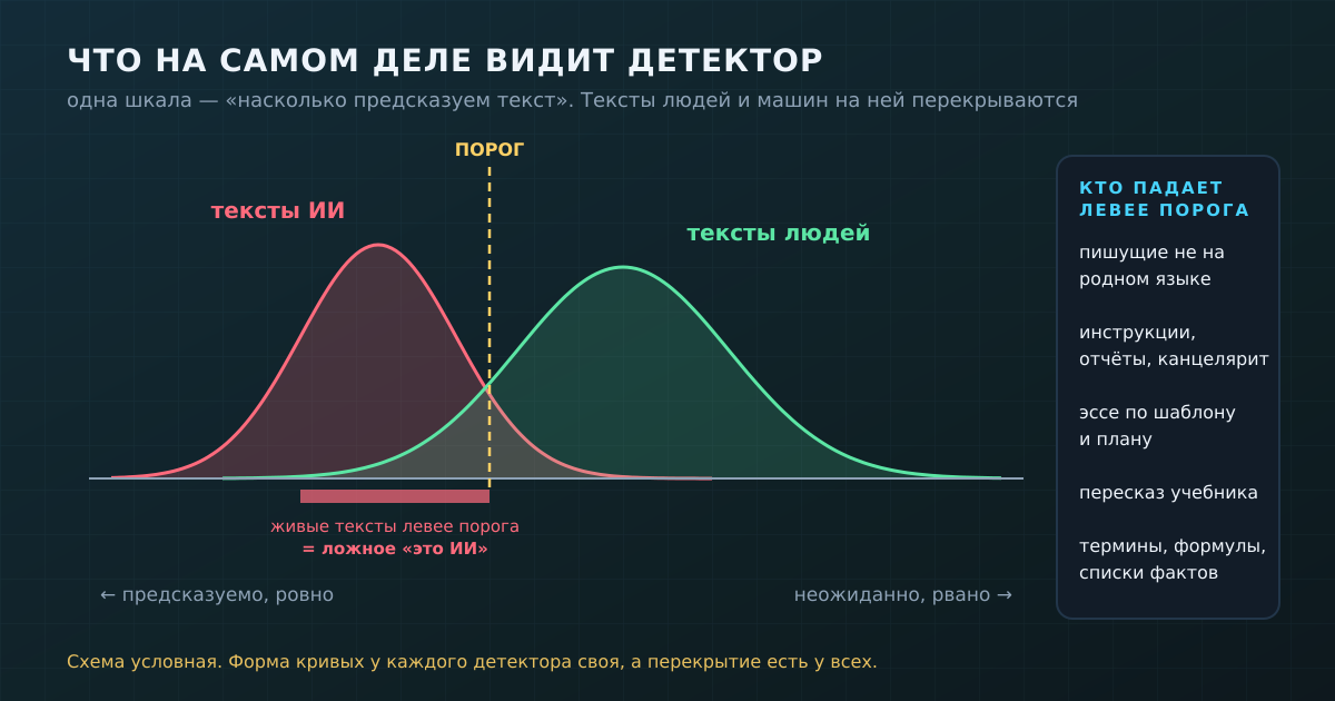 Детектор ставит порог на шкале предсказуемости. Живые тексты, которые оказались левее порога, получают ложное «это ИИ»