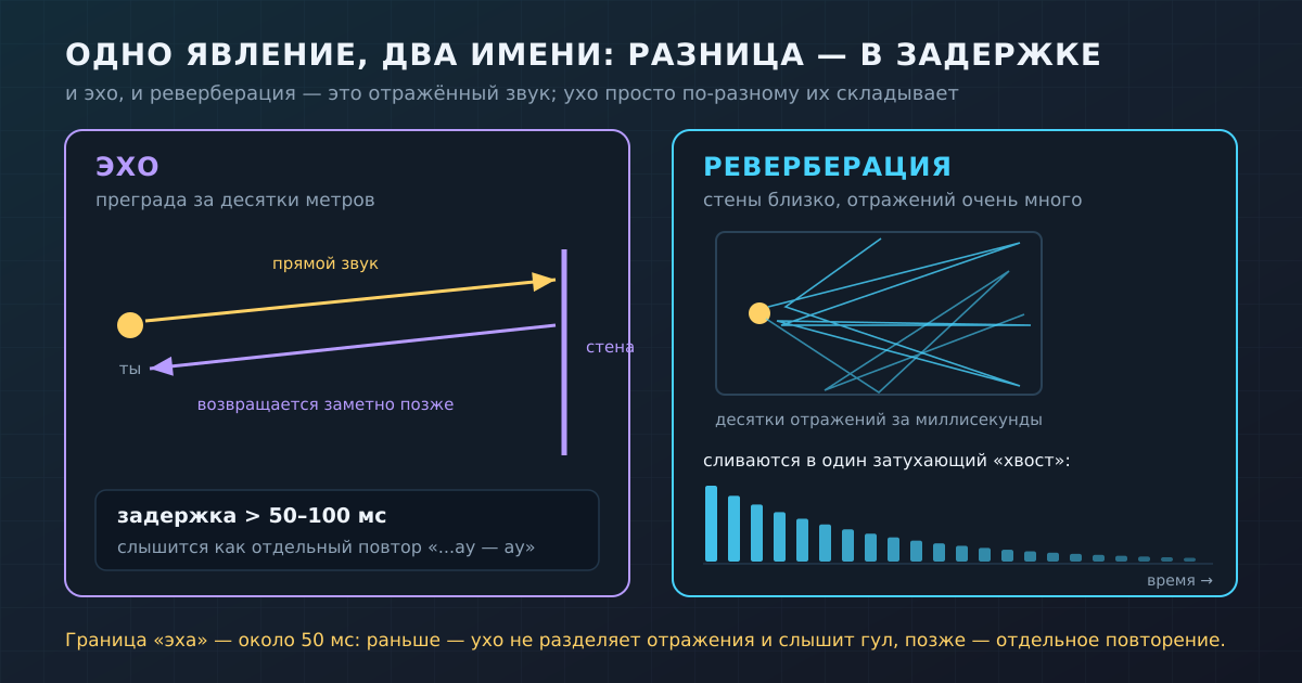 Эхо и реверберация — это одно явление, отражения звука: разница лишь в задержке и количестве отражений, дошедших до уха.