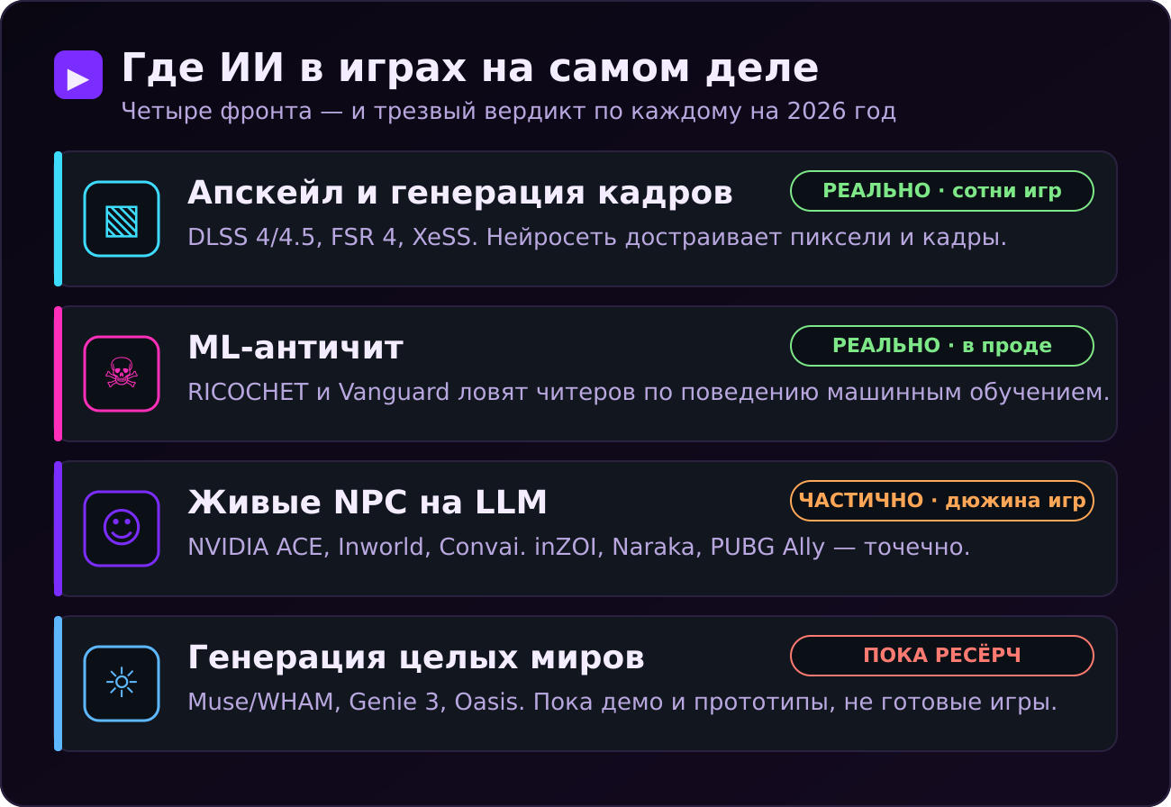 Где ИИ в играх на самом деле: апскейл и генерация кадров, ML-античит, живые NPC и генерация миров — с трезвым вердиктом по каждому направлению на 2026 год