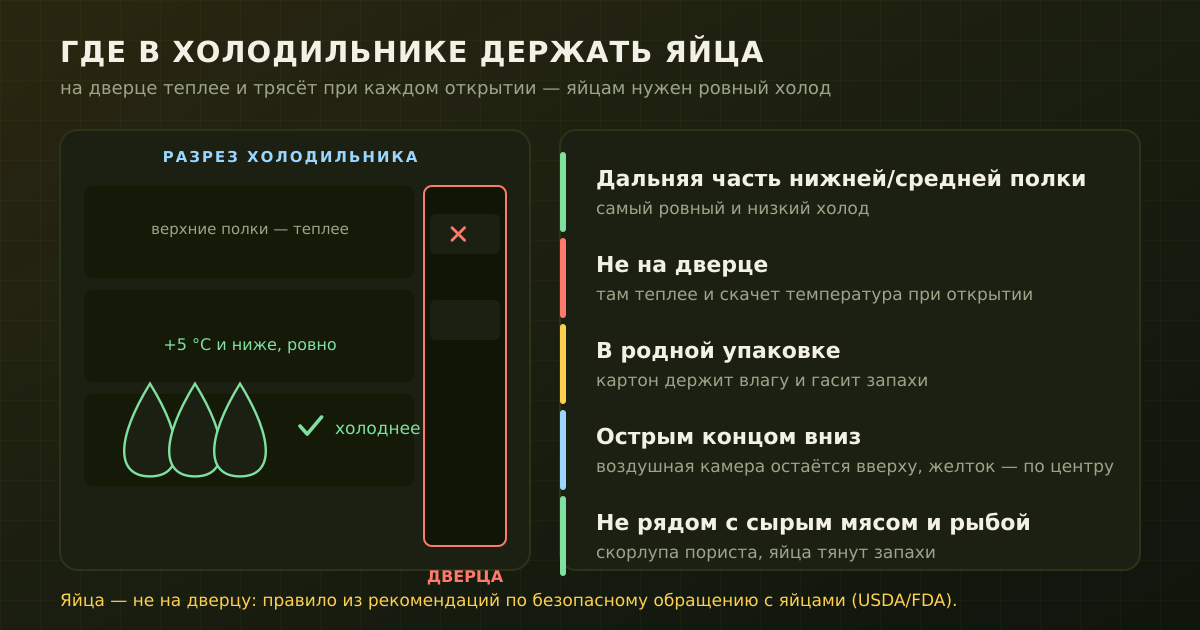 Где держать яйца в холодильнике: дальняя часть полки, не дверца, в упаковке, острым концом вниз
