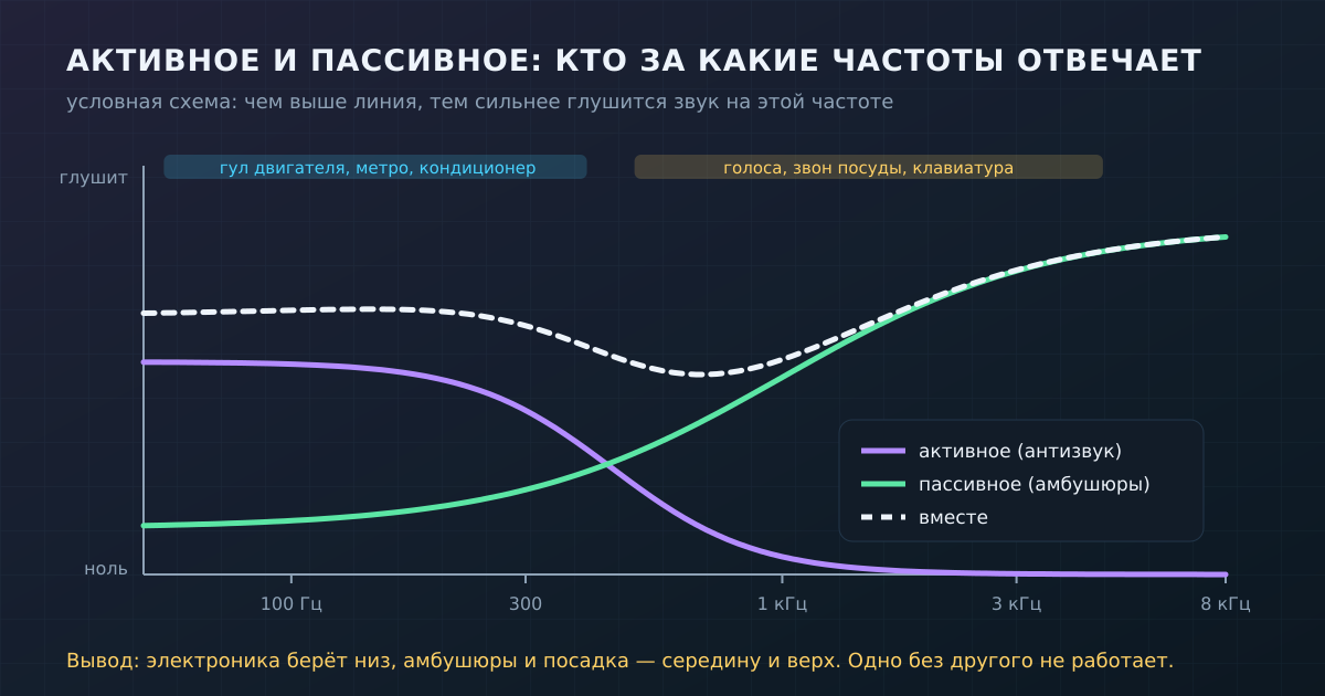 Условная схема: активное шумоподавление берёт низкие частоты, пассивная изоляция — средние и высокие; полную тишину дают только вместе