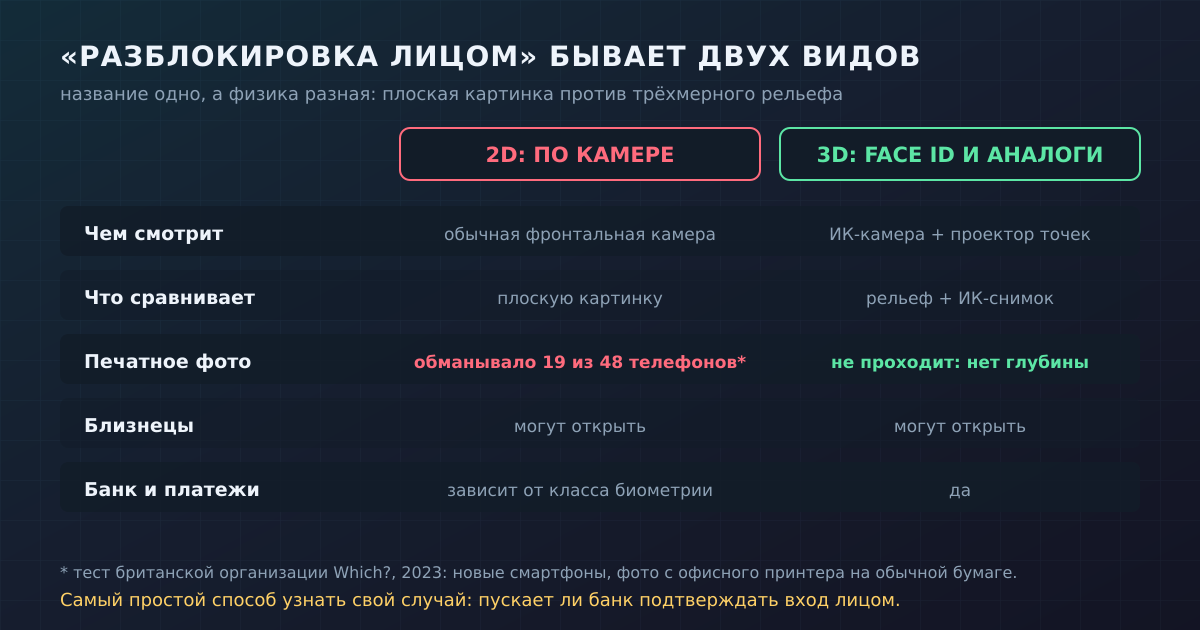 2D-разблокировка по камере против 3D-системы с картой глубины: что проверяется и что её обманывает