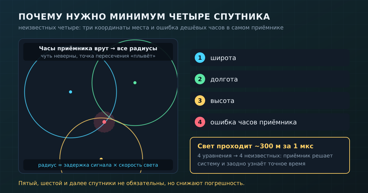 Четыре неизвестных — четыре спутника: три координаты и ошибка часов приёмника