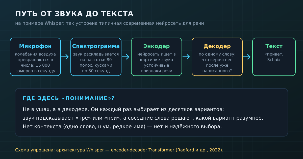 Путь звука к тексту: микрофон, спектрограмма, энкодер, декодер