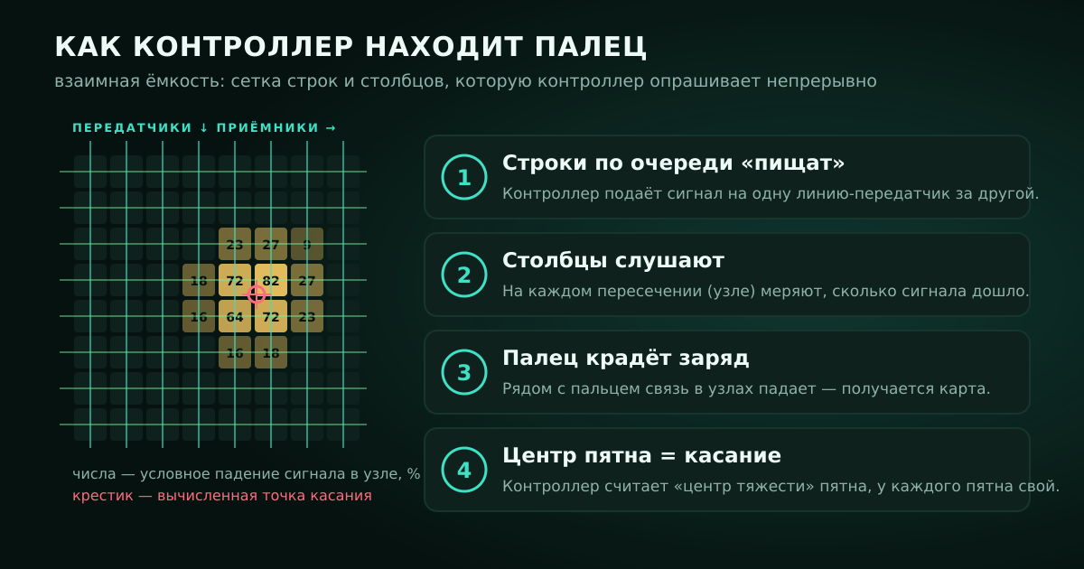 Как контроллер находит касание: опрос сетки, карта ослабления сигнала в узлах и вычисление центра пятна