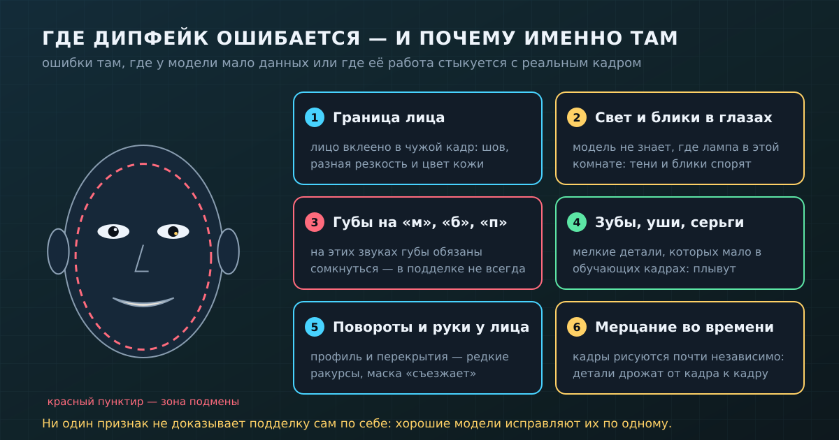 Где дипфейк ошибается: граница лица, свет, губы на «м-б-п», мелкие детали, редкие ракурсы, мерцание во времени